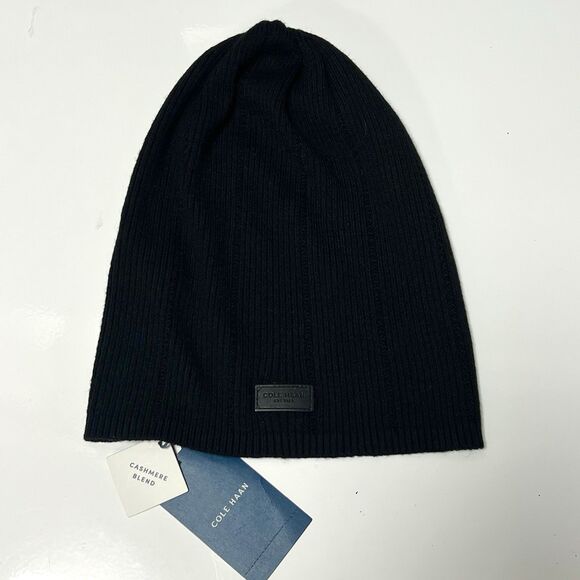 Cole Haan Men's Rib Pointelle Slouchy No Cuff Wool Beanie Hat Black Unisex - Picture 3 of 8